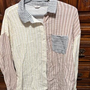 Aeropostale Striped Button-Down Shirt in Cream, Tan & Gray